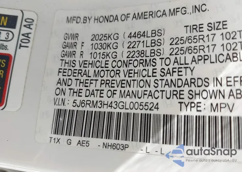 2016 Honda Cr-V Se из США, поврежденный, VIN 5J6RM3H43GL005524